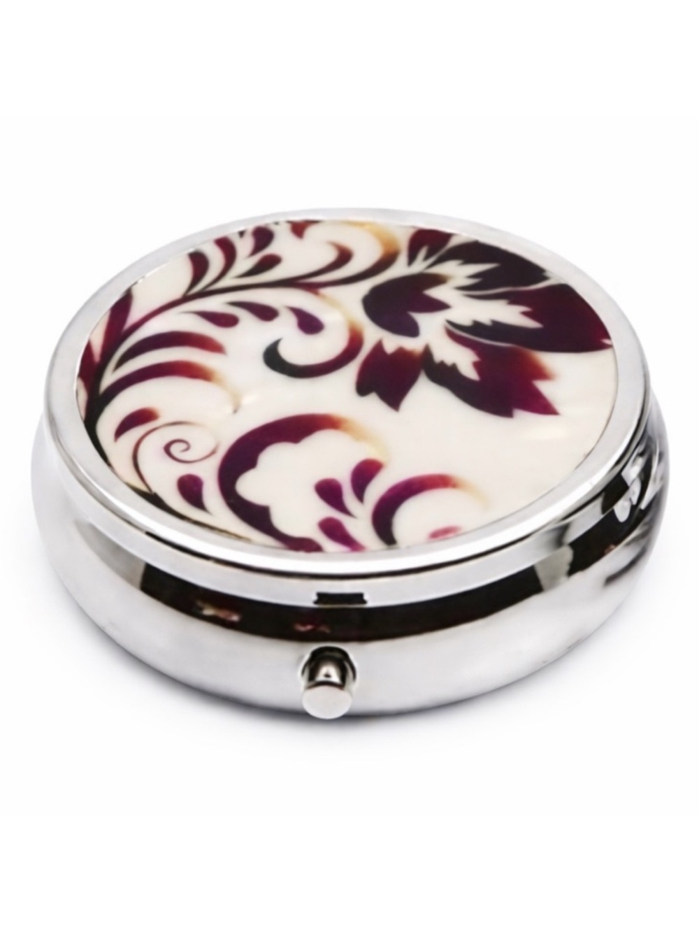 Burgundy Floral Round Pill Box Organizer 3 Compartment Travel Case